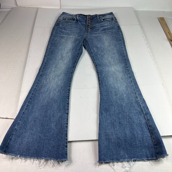 Risen Jeans Women 30x28* High Rise Flare Blue Faded Stretch Raw Hem Denim Tag 29 - Picture 1 of 16